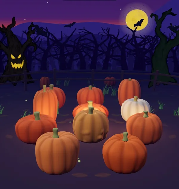 The pumpkin patch at night: ten pumpkins under a full moon, bats overhead