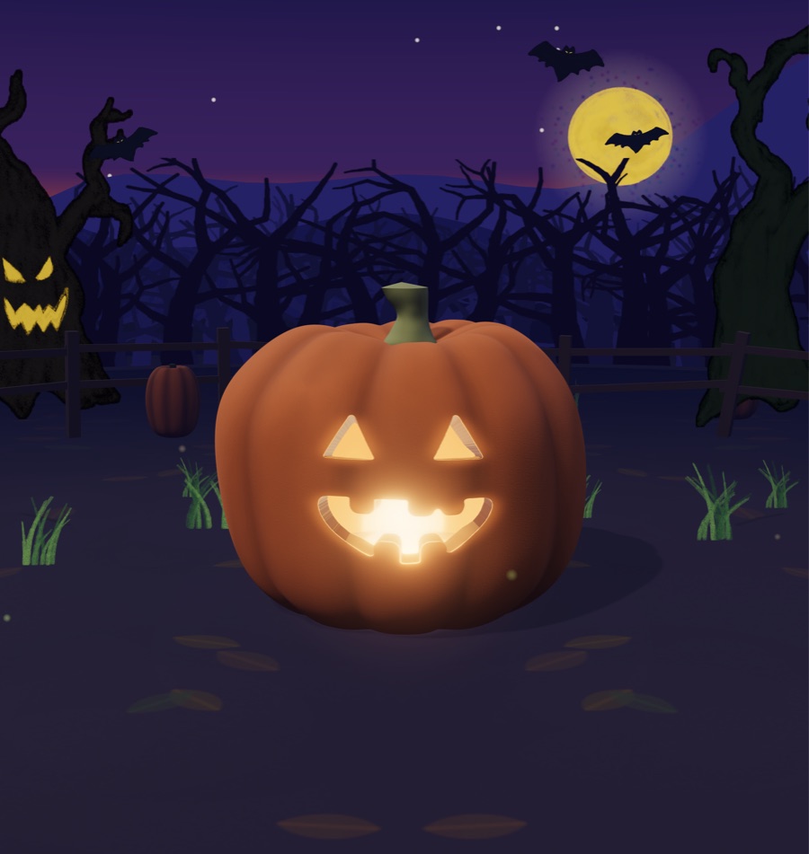 A carved jack-o'-lantern glowing in the patch