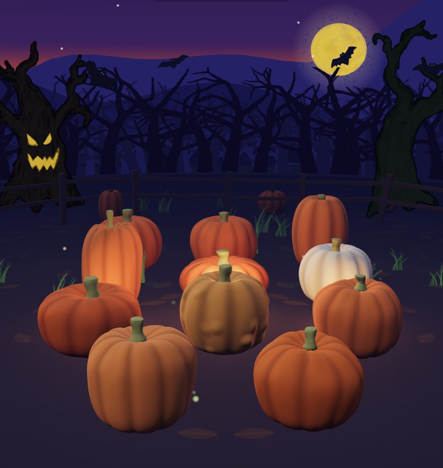 The pumpkin patch at night: ten pumpkins under a full moon, bats overhead